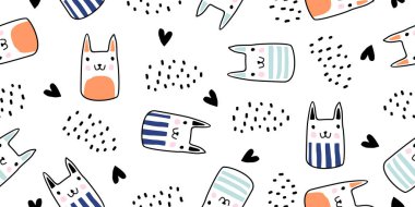 Kediler kalpleri olan kusursuz vektör desenleri. Güzel el çizimi kedi yüzleri. Karalama desenli İskandinav çizim tarzı. Bebek, çocuk ve çocuklar için vektör illüstrasyonu Tekstil baskısı.