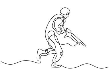 Asker bir çizgi çiziyor. Üniformalı ve tüfekli asker portresi. Devamlı tek elle çizilen askeri kavram.