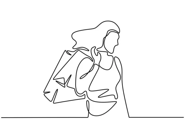 ショッピングバッグを持つ幸せな若い女性。物事を購入する女の子の連続的な1行の図面。白を背景にしたミニマリズムとシンプルなベクトルイラスト. — ストックベクタ