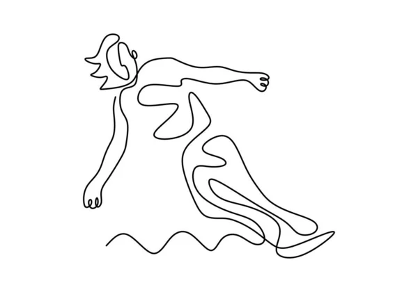 1つの連続線画をサーフィン女性。極端なスポーツ活動中。夏のビーチテーマデザインベクトルイラストミニマリストスタイル. — ストックベクタ