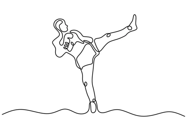 Kick boksen een lijn tekening. Persoon schopt de lucht in. Continu met één hand getrokken sporter. Contour schets minimalisme stijl. — Stockvector