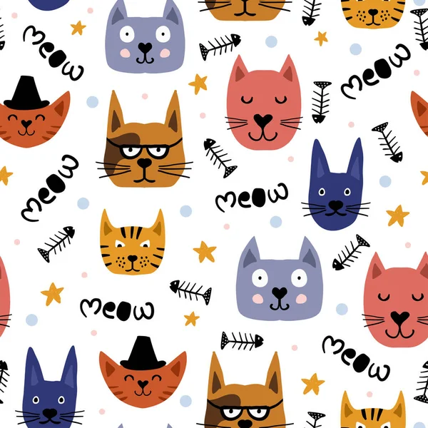 Dibujo infantil de gatos lindos cara patrón sin costuras. Ilustración vectorial animal de moda para el envoltorio textil de moda con estilo escandinavo. Meow texto, pescado, y elemento estrella . — Vector de stock