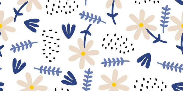 Handgezeichnete florale nahtlose Muster. skandinavische Tintenkleckse auf weißem Hintergrund. Botanische Elemente im kindischen Zeichnungsstil für Textildruck. — Stockvektor