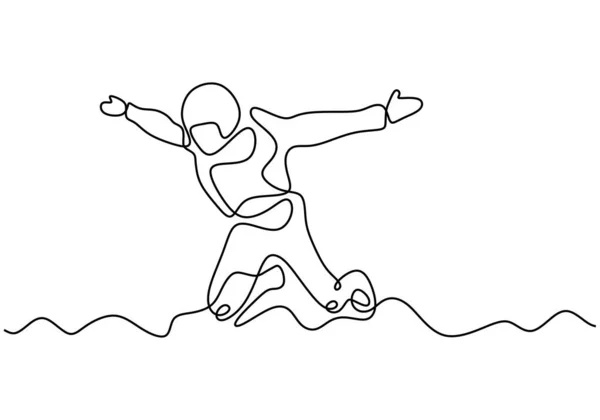 Fallschirmspringen eine Linienzeichnung. Vektor einzelne kontinuierliche Hand gezeichnet von Person springen und fliegen aus dem Flugzeug. Adrenalin und Extremsport Minimalismus Konturskizze Illustration. Fallschirmspringer im Einsatz. — Stockvektor