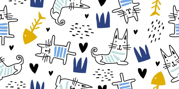 猫用心脏无缝的载体图案。可爱的手绘小猫咪的脸。斯堪的纳维亚人画的卡通风格与涂鸦纹理。婴儿、儿童和儿童流行纺织品印花的矢量插图. — 图库矢量图片