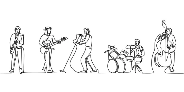 Musique de groupe. Dessin continu d'une ligne. Esquisse dessinée à la main minimalisme. Des gens avec des instruments de musique classique. Jazz et soul avec chanteur . — Image vectorielle