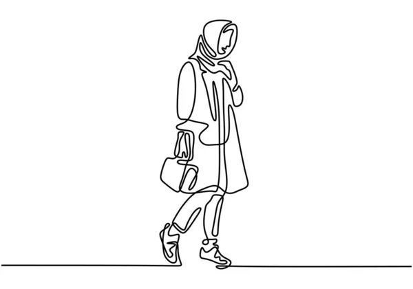 Dibujo continuo de una línea de mujer que usa bufanda de hijab. Figura musulmana de moda vector ilustración . — Vector de stock
