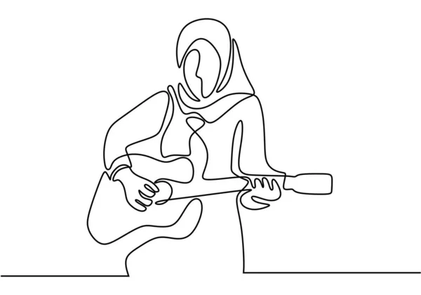 Continuous one line drawing of hijab girl playing guitar. — Stock Vector