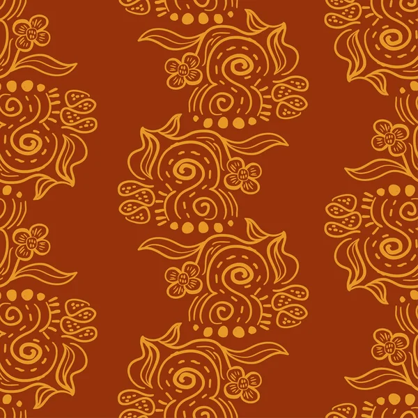 Batik adornos patrón sin costura. Colores marrón y amarillo con abstracto floral dibujado a mano. Dibujo de estilo indonesio, asiático y tailandés Bueno para estampado textil de moda . — Vector de stock