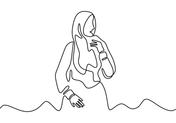 Kontinuierliche einzeilige Zeichnung eines Hijab-Mädchens. Frau mit islamischem Schal. — Stockvektor