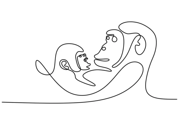 Gorila animal uma linha de desenho. Mãe e bebé. Mão contínua desenhada minimalismo arte do macaco . — Vetor de Stock