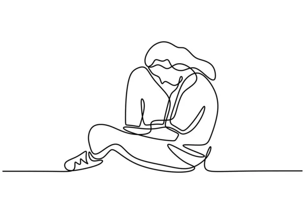 Sad girl one line drawing minimalism design. Vector illustration continuous hand drawn of woman feeling desperate. — Stock Vector