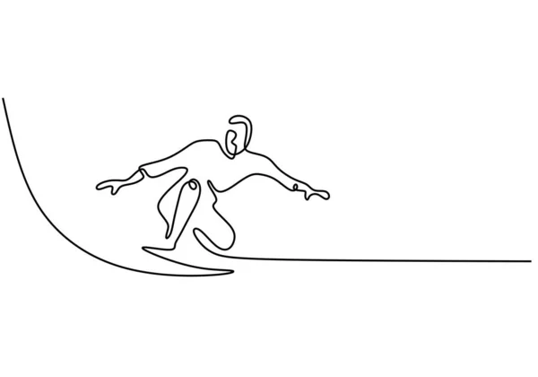 Contínuo uma linha desenho surfista férias mar onda. Wave rider de pé sobre prancha de surf na praia. Única mão desenhada esboço minimalismo arte . — Vetor de Stock