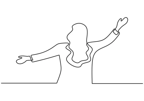 Dessin continu d'une ligne de célébration fille heureuse levant les mains. Femme se sentant libre et génial. Design minimaliste avec linéarité de simplicité sur fond blanc . — Image vectorielle