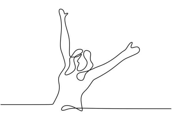 Continuous one line drawing of woman rising hands up feeling happy and freedom. Cute girl feel free and young minimalism design isolated on white background. — 스톡 벡터