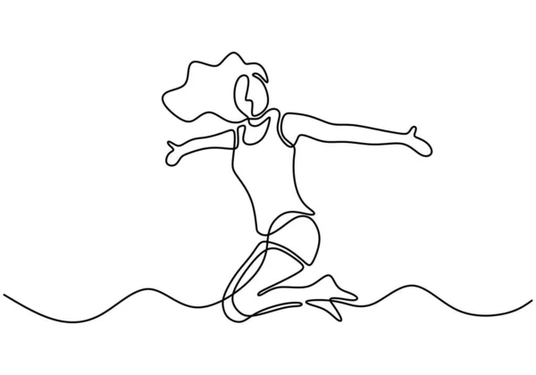 Dessin continu d'une ligne de saut de femme. Jeune fille lever les mains et sauter se sentant heureux et la liberté. Illustration vectorielle minimaliste et simplicité isolée sur fond blanc . — Image vectorielle