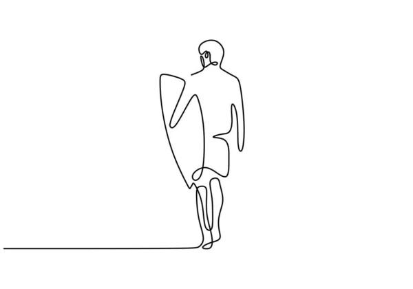 Persona caminando con tabla de surf. Tema deporte surf. Vacaciones de verano y minimalismo ilustración vectorial aislado sobre fondo blanco . — Vector de stock