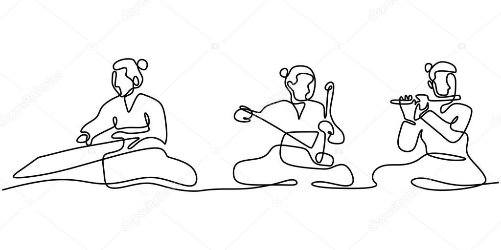 Continuous line drawing of people with Gayageum or Kayagum, is a traditional Korean zither-like string. One hand drawn sketch of korean music performance.