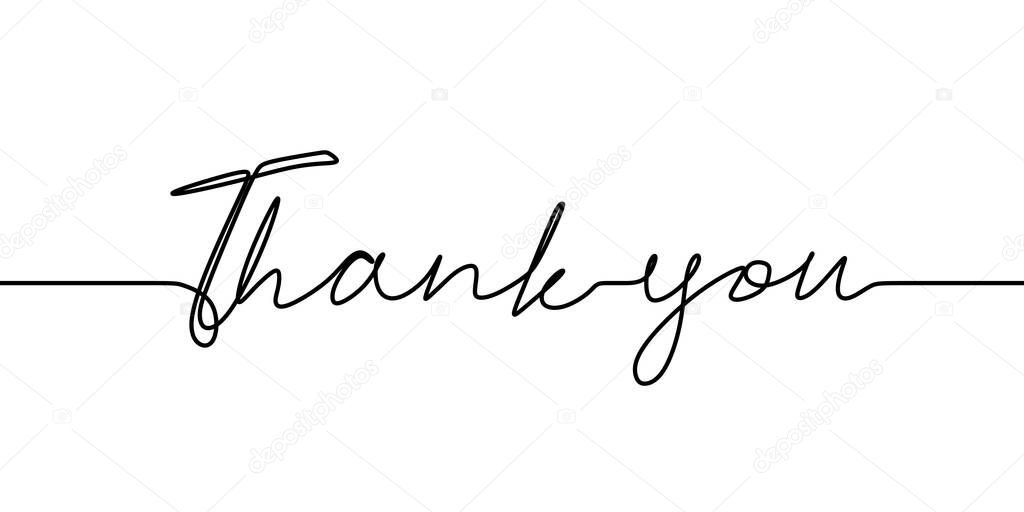 Continuous one line drawing of thank you text. Vector minimalist script lettering with minimalism contour trendy. Sign for banner, poster, and card isolated on white background