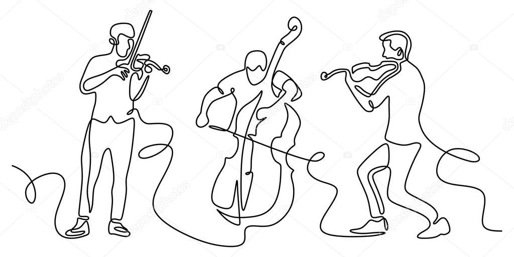 Classical musicians one line drawing. Minimalism vector illustration of cello, violin player. Single hand drawn sketch vector illustration. Contour linear design isolated on white background.