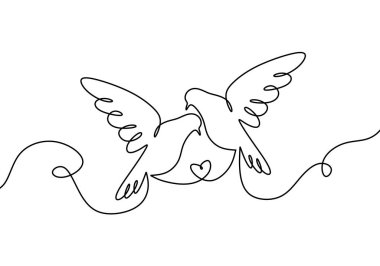 Birbirine aşık iki kuş. Bir tane sürekli çizim, iki tane uçan güvercin kuşu. Minimalizm Güvercin vektör çizimi poster, logo, amblem ve afiş için iyidir..