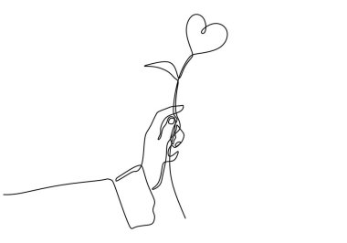 Sevgi dolu bir kalple el ele tutuşmanın kesintisiz çizimi, bir el çizimi taslak vektör çizimi. Romantizmin sembolü, tatlı ve romantik bir an. Sevgililer Günü afişi ve afişi için iyi..