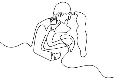 Sürekli bir çizgi çiziyor. Aşık çift kadın ve erkek ilişkisi. Vektör illüstrasyonu, minimalizm biçimi.
