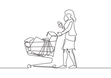 Continuous line drawing. Woman with smartphone, bag, and Wire Shopping Trolleys.