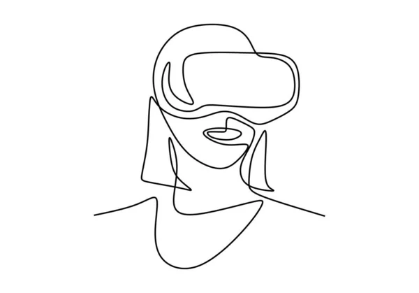 Garis terus menerus gambar gadis mengenakan kacamata realitas virtual. Vektor ilustrasi desain minimalis, kesederhanaan kontur tangan digambar terisolasi di latar belakang putih . - Stok Vektor