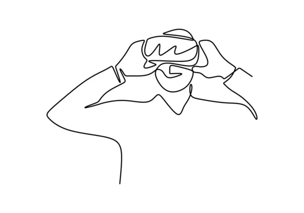 One line continuous drawing Man in glasses device virtual reality, Vector illustration simplicity. Minimalism hand drawn electronic future technology. — Stock Vector