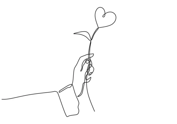 Desenho de linha contínua de mão segurando uma planta de coração de amor, uma ilustração de vetor de esboço desenhada à mão. Símbolo de romance, doce e romântico momento. Bom para banner dia dos namorados e cartaz . —  Vetores de Stock