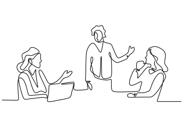 Irodai dolgozók folyamatos vonalrajza az üzleti találkozón, csapatmunka férfi és nő csoportokkal. Vektor illusztráció képzés, marketing, és vita az irodai szobában. — Stock Vector