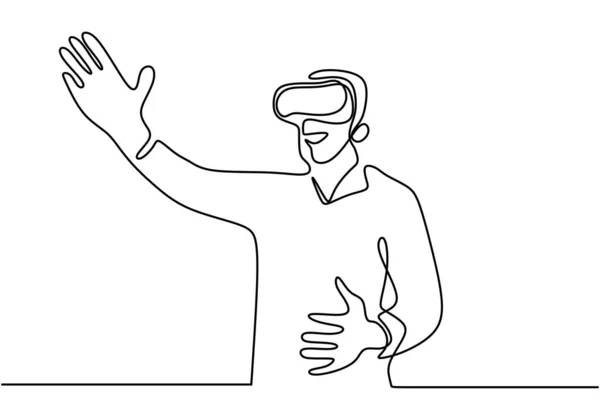 Un disegno a linee di un uomo che usa occhiali virtuali, concetto di moderna tecnologia VR. Lineart disegno a mano continuo, stile minimalismo illustrazione vettoriale . — Vettoriale Stock