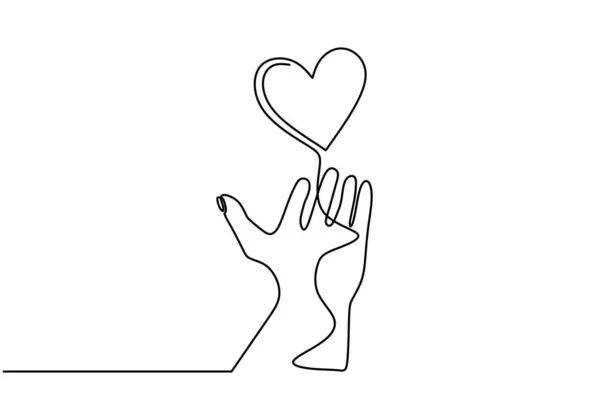 Simbolo d'amore con mano e cuore. Disegno a linee continue, illustrazione vettoriale di uno schizzo disegnato a mano. Buono per il giorno di San Valentino banner di auguri, poster e sfondo . — Vettoriale Stock