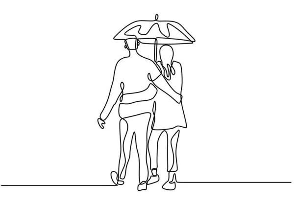 Dessin en continu. Couple romantique embrassant et tenant parapluie. Lovers thème concept design. Une main dessinée minimalisme. Illustration vectorielle métaphore de l'amour, isolée sur fond blanc . — Image vectorielle