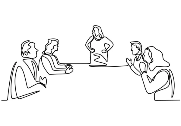 Dessin en ligne continue des employés de bureau à la réunion d'affaires, travail d'équipe avec un groupe d'hommes et de femmes. Formation, marketing et discussion en illustration vectorielle dans la salle de bureau . — Image vectorielle