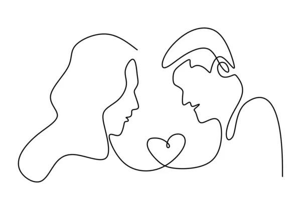 Dibujo continuo de línea. Una pareja romántica. Los amantes del diseño de concepto de tema. Un minimalismo dibujado a mano. Metáfora de la ilustración vectorial del amor, aislada sobre fondo blanco . — Vector de stock