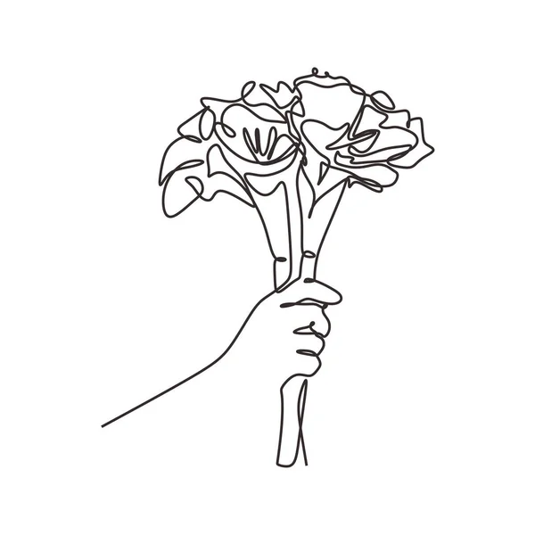 장미 한 다발 이 한 줄로 그려져 있습니다. 손을 쭉 뻗어 손에 꽃을 들고 있다. 벡터 로맨틱 디자인 미니멀리즘 그림은 흰색 배경에 분리되어 있습니다.. — 스톡 벡터