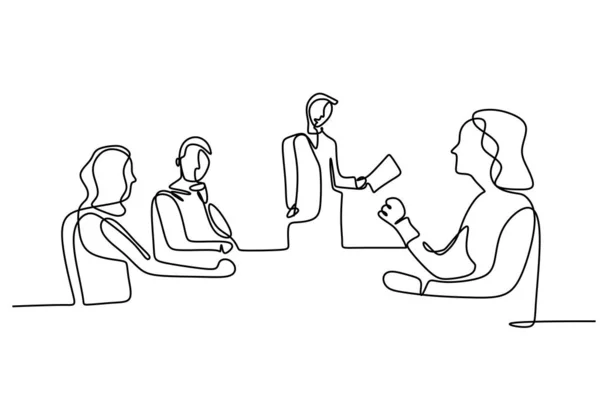 Continuous line drawing of office workers at business meeting, Teamwork with group of man and woman. Vector illustration training, marketing, and discussion at office room. — Stockvector