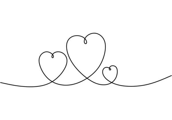 Continuous line drawing of three hearts. Black and white vector minimalist illustration of love concept minimalism one hand drawn sketch romantic theme. — Stock vektor