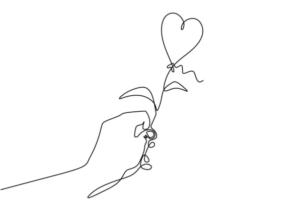 심장의 상징으로 꽃을 들고 손을 잡는 것입니다. 하나의 직선그리기를 사랑하고 로맨틱합니다. 손으로 그린 미니멀리즘, 흰 배경에 고립됨. — 스톡 벡터