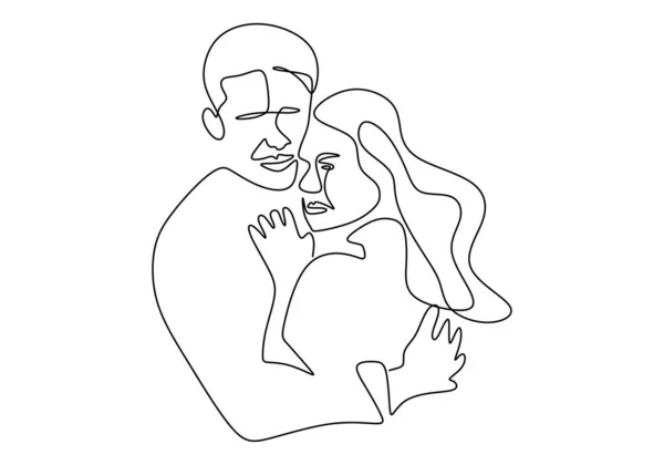 Dibujo continuo de línea. Una pareja romántica. Los amantes del diseño de concepto de tema. Minimalismo mano emocional dibujado de hombre y niña. Bueno para la tarjeta de San Valentín, banner y póster . — Vector de stock