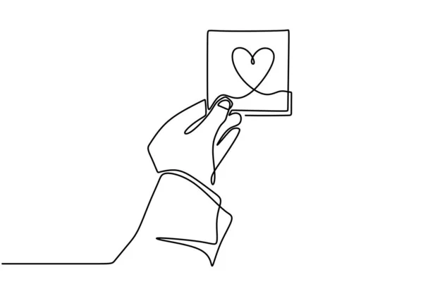 Linha contínua desenho mão segurando amor coração sinal, uma mão desenhado esboço vetor ilustração. Bom para o dia dos namorados saudando banner, cartaz e fundo . —  Vetores de Stock