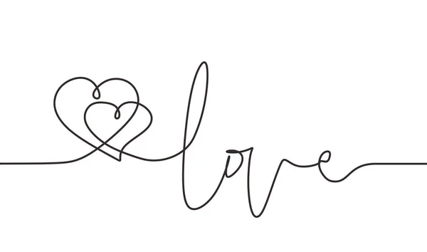 Linha contínua desenhando dois corações abraçando, Vector ilustração minimalista de amor lettering conceito de texto. Minimalismo uma mão desenhada esboço tema romântico . — Vetor de Stock