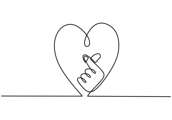 Línea continua de dibujo de signo de amor. Una mano dibujada de corazón y dedo coreano. Diseño minimalista sobre fondo blanco — Vector de stock