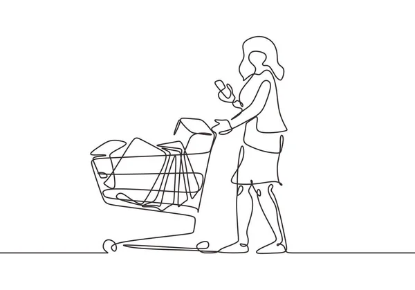 Garis terus-menerus menggambar. Wanita dengan smartphone, tas, dan Wire Shopping Trolleys . - Stok Vektor
