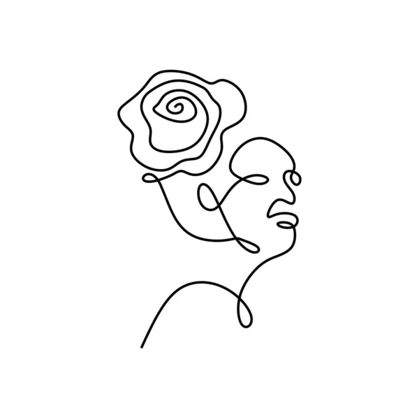 Frauengesicht mit Rosenblütenkunst. kontinuierliche abstrakte, von Hand gezeichnete Minimalismus-Linienzeichnung. — Stockvektor