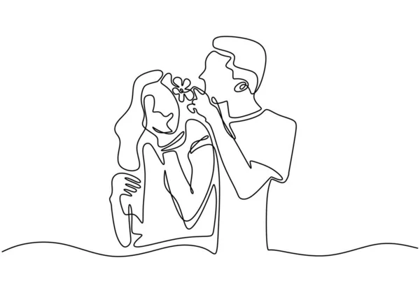 Garis terus-menerus menggambar. Pasangan romantis. Seorang pria menaruh bunga di rambut gadis. Lovers desain konsep tema. Satu tangan ditarik minimalisme. Metafora gambar vektor cinta, terisolasi pada latar belakang putih . - Stok Vektor