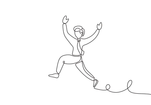 Continuous line drawing. Happy businessman jumping. Man jump feeling success. — 图库矢量图片