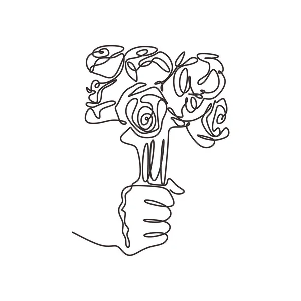 Hand holding bouquet of rose flowers minimalism continuous one line drawing. — Stok Vektör